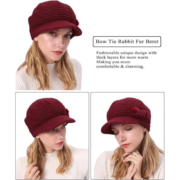 Vintermössa för kvinnor, fleecefodrad, blommig stickad mössa, damberet med brätte, cloche-hatt, termisk mössa, damullmössor, röd