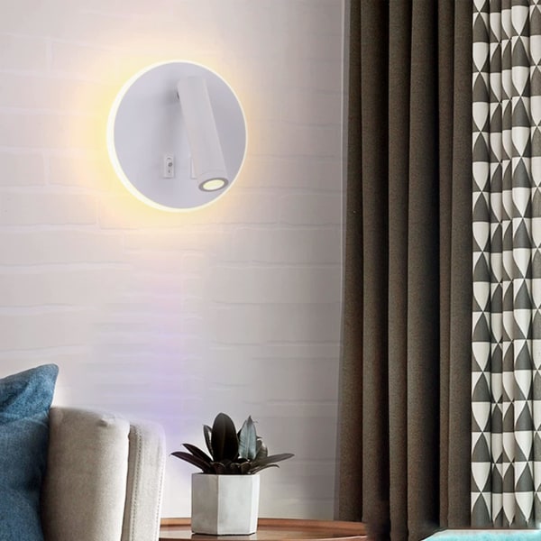 Led væglampe, læselampe ved sengekanten, LED væglæselamper, justerbar spotlight (3w + 6w 3000k varmt lys) Hvid (rund form)