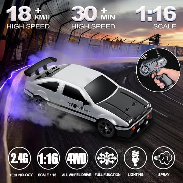 Ae86 1/16 RC Driftbil Höghastighets Fjärrstyrd Driftbil för Barn och Vuxna Vit White