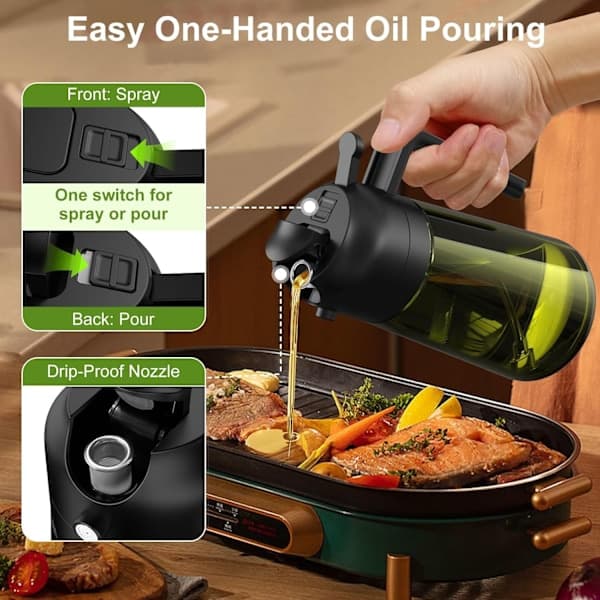 2-i-1 Oljespray & Dispenser – Mörk Glasflaska för Matlagning & Grillning Transparent