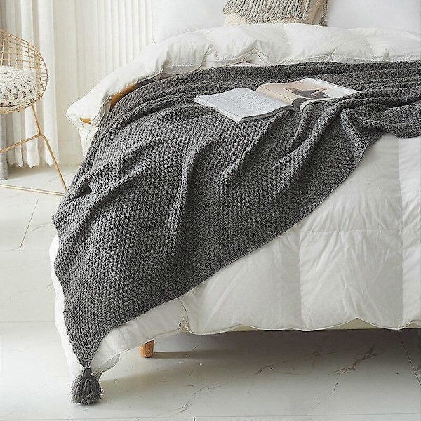 Enfärgad Ullstickad Plädfilt med Tofs Supermjuk Bohemia Överkast Filt för Säng Sofföverdrag Sängöverkast Dekor Filtar grey 150x200cm
