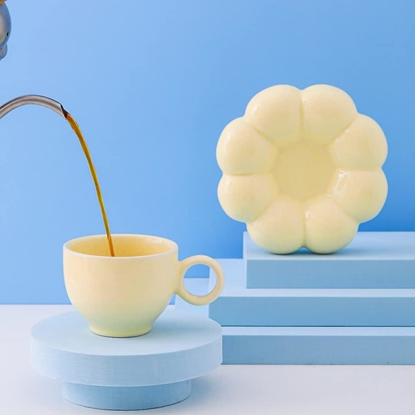 Keramisk blomma kaffemugg, kreativ söt kopp med molnsolrosunderlägg för kontor och hem, 6,5 oz/200 ml för te latte mjölk, gul