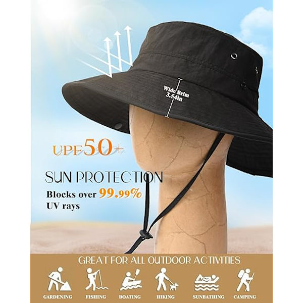 Unisex Solhat til Kvinder Mænd UV Beskyttelse Sommer Bred Skygge Pakkelig Vandring Fiskeri Cowboy Hat Black