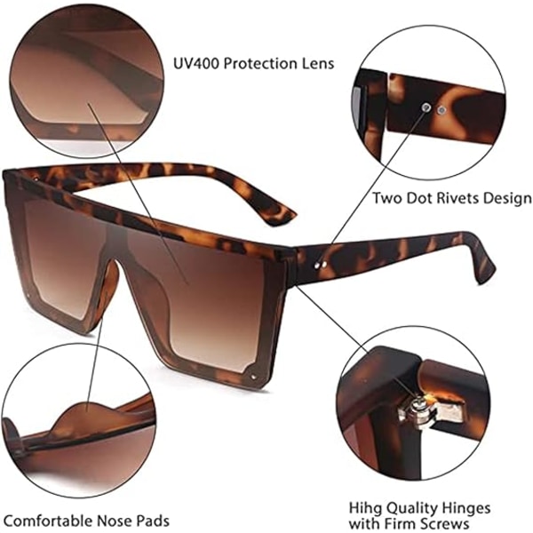 Kvadratiska överdimensionerade solglasögon för kvinnor och män, trendiga solglasögon med platt topp och stor ram Leopard / Brown