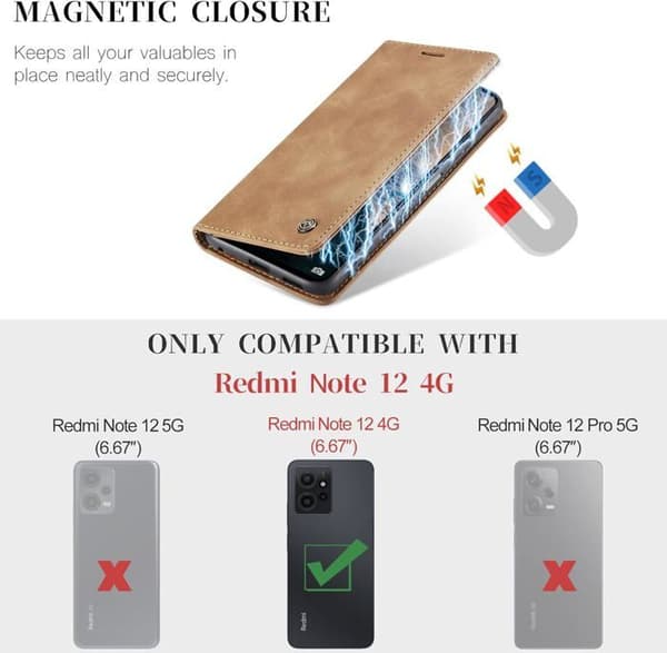 Fodral för Xiaomi Redmi Note 12 4G Premium Läder Flip Plånboksfodral med Kortfack, Brun