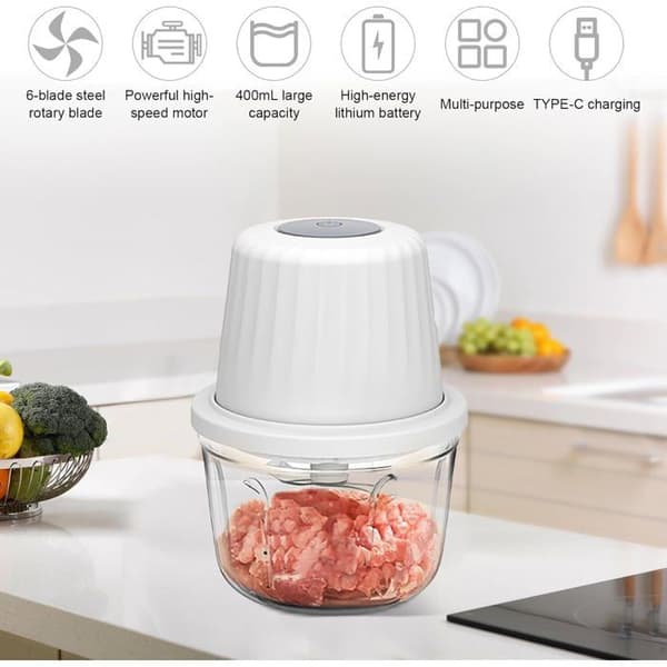 Mini elektrisk foodprocessor, 400 ml blender, 6 knivblade i rustfrit stål, USB-genopladelig løghakker, lille multihakker