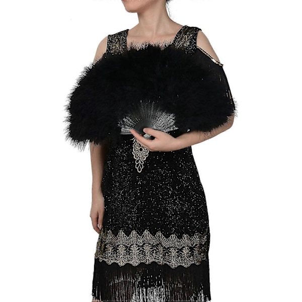 Sulka Viuhka Taitettava 1920-luvun Vintage Tyyli Flapper Käsiviuhka Black