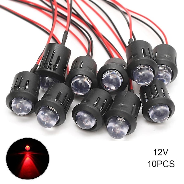 10 kpl/setti 12 V 10 mm esijohdotettu vakio LED erittäin kirkas kirkas vesilinssi polttimon kaapeli 20 cm esijohdotettu LED Red