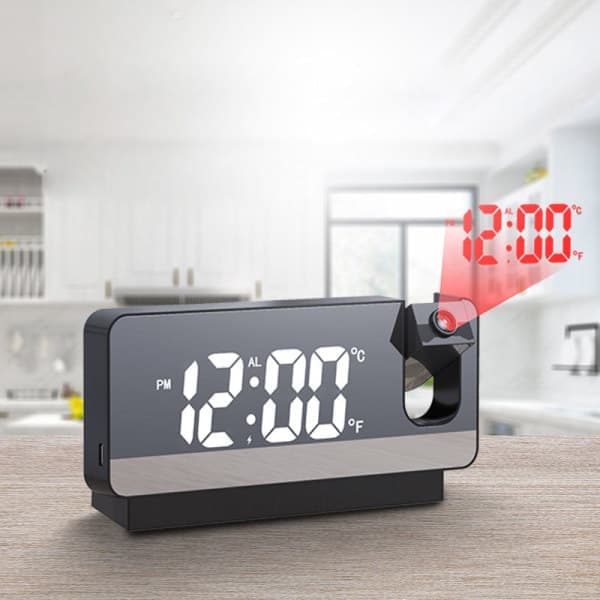 Takprojektionsväckarklocka, LED digital klocka för sovrum, USB-laddare, 180° projektor, 12/24H, DST, Högljudd elektrisk väckarklocka