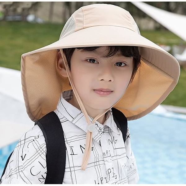 Barn Bred Solhatt med Nackskydd 4-13 År Flickor Solhatt Pojkar Mesh Cool Hat Anti UV Kep Beige