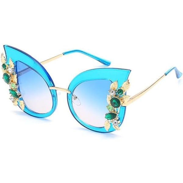 Kattöga solglasögon för kvinnor, snygg överdimensionerad båge, glasögon med strass Blue