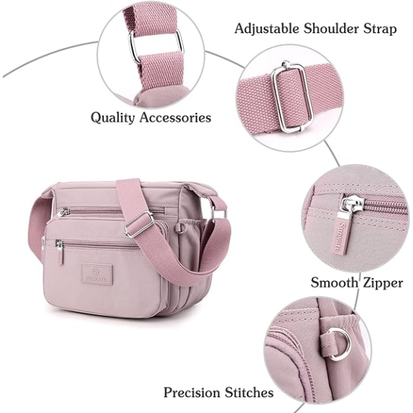 Kvinnlig axelväska, casual axelväska, multificka nylon messenger väska handväska för resor, vandring, dagligt bruk Pink