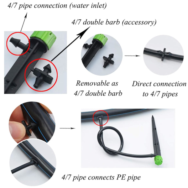100 st bevattningssystem dropp, 1/4 tum universell 360 graders justerbar bevattningsdropp med anslutning, passar 1/4 (4-7 mm)