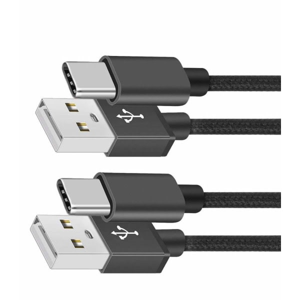 2 stk USB C-kabel Type C Hurtigopladningskabel til Samsung Galaxy A12 / A32 / A42 / A52 / A72 Nylon Android-telefonoplader (1m, sort)