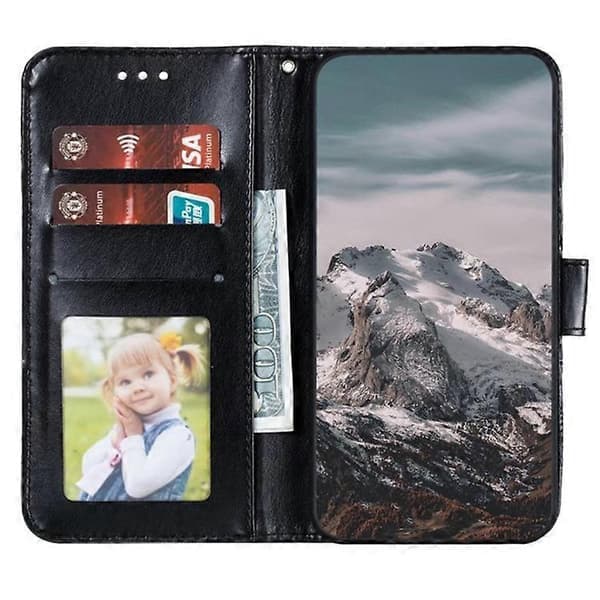 Kompatibelt iPhone 16 Cover PU Læder Mandala Præget Design Pung Cover [DB] Sort Sort