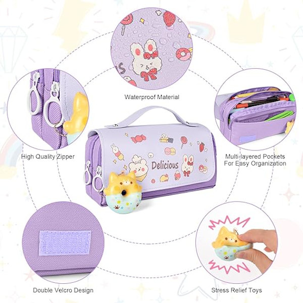 Stor kapasitet blyant penn pose multi rom kontor stasjonær sminkepose stress release blyantveske jenter gutter tenårings oppbevaringsorganisator gaver Purple Donut