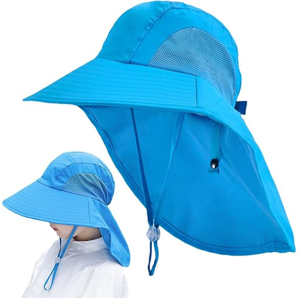 Barn Bred Solhatt med Nackskydd 4-13 År Flickor Solhatt Pojkar Mesh Cool Hat Anti UV Kep Blue