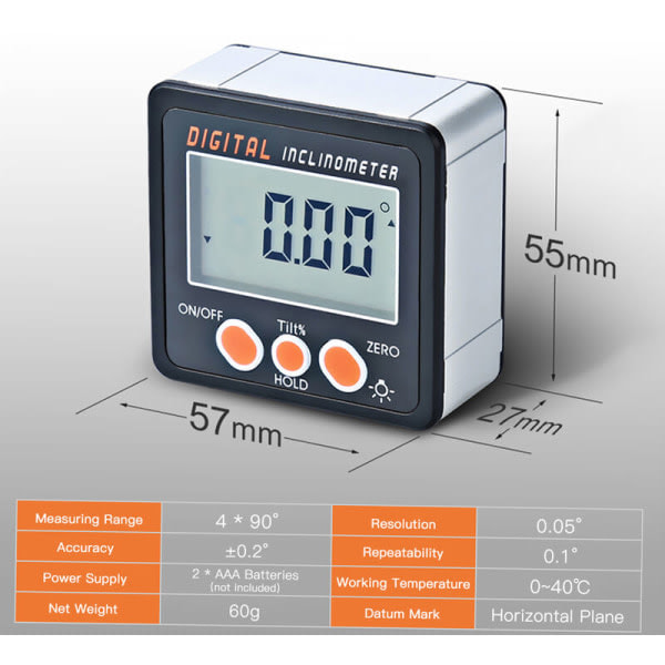 Digitalt vater, 0-360°, magnetisk base