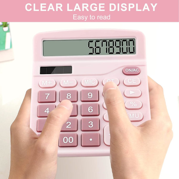 Skrivebordslommeregner, 12-cifret dobbelt solbatteri lommeregnere med stort LCD-display, kontorlommeregner med store knapper, standard skrivebordslommeregner PINK