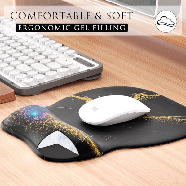 Ergonomisk musmatta med handledsstöd i memory foam, bekväm datormusmatta för bärbar dator, smärtlindrande handledsstöd svart guld Black Gold