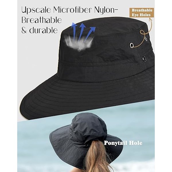 Unisex Solhat til Kvinder Mænd UV Beskyttelse Sommer Bred Skygge Pakkelig Vandring Fiskeri Cowboy Hat Black
