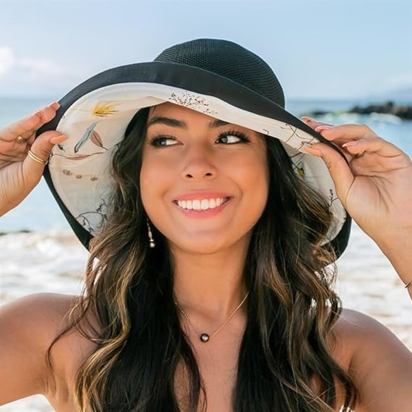 Dam UV-skyddande solhatt hopfällbar nät bred brätte hinkhatt sommar strandmössa för damer Black