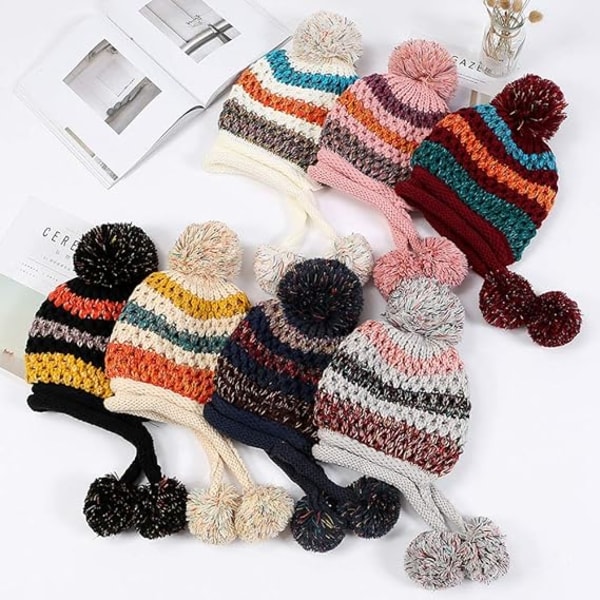 Naisten talvineulottu korvaläpät Pompon-hattu