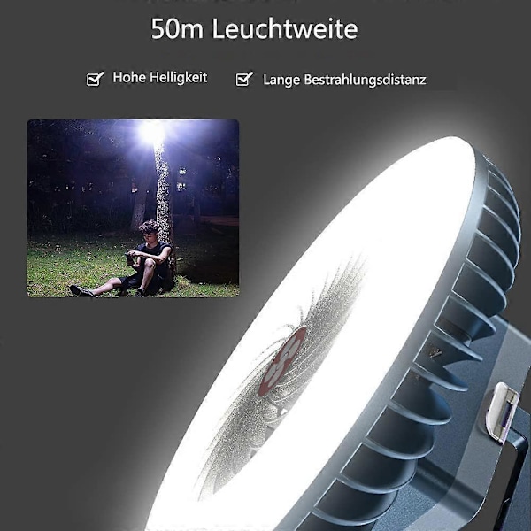 Udendørs LED Campinglampe, Bærbar Campingventilator med Foldbart Stativ, LED Lanterne, Mini Bordventilator, USB Batteri, Ventilator med Krog til Camping, Hjem, Kontor