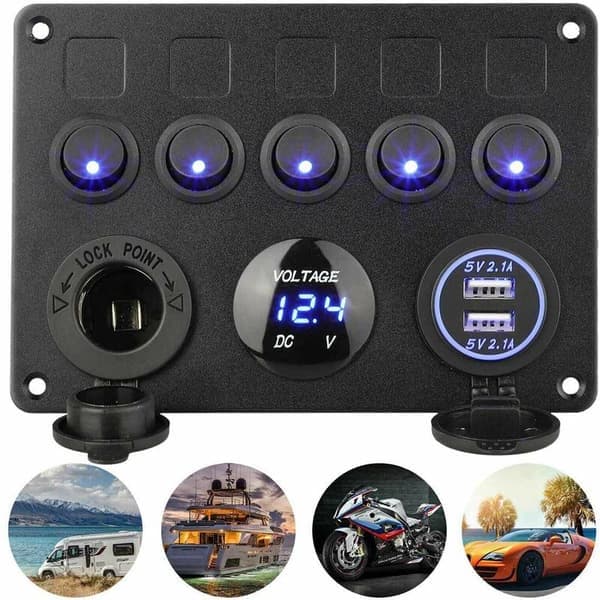 5-veis vippebryterpanel, vippebryterpanel, elektrisk panel for båt, bil, vanntett, 12V/24V, lastebil, SUV
