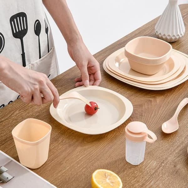 Camping-servis, 48-delars picknickset i plast, för utomhusbruk, vandring, camping - Typ A-set