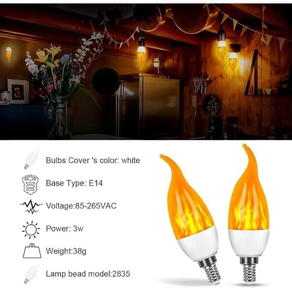 4-pakning 3W E14 LED-pære med flammeeffekt, 3 lysmoduser, dekorativ lampe