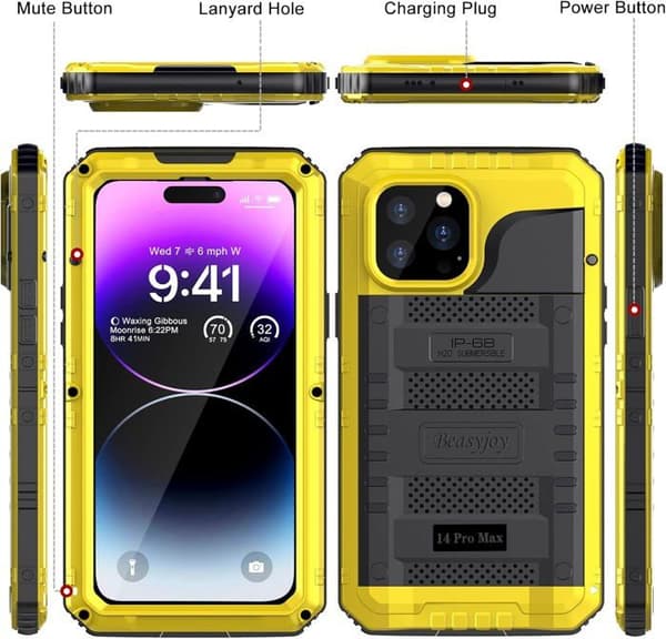 Vanntett metalldeksel for iPhone 14 Pro Max, AuTech IP68 full beskyttelse støtsikkert deksel for dykking og svømming, gul