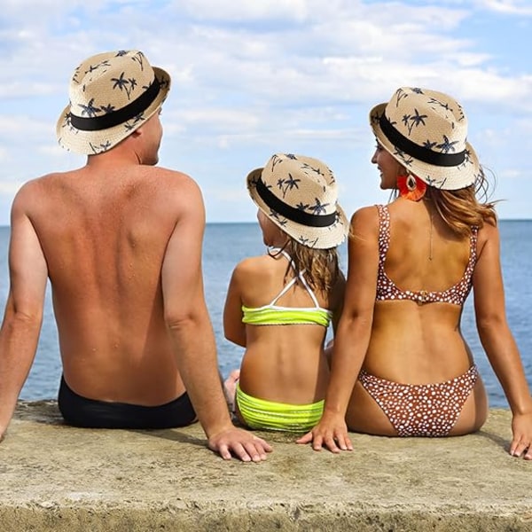 Familie Matchende Halmhatter Foreldre-Barn Floppy Hat Roll Up Print Cap Sommer Strandhatt for Kvinner Menn Barn Beige