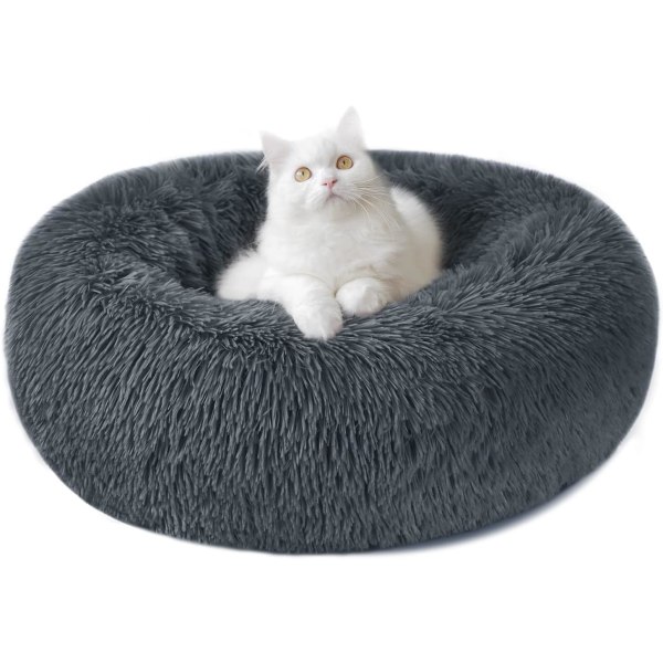 Calming Dog Cat Donut Bed - 19,7 tommer fluffy plys hvalpe killing cuddler rund seng, varm og blød kæledyr Hyggelige anti-angst senge med skridsikker bund