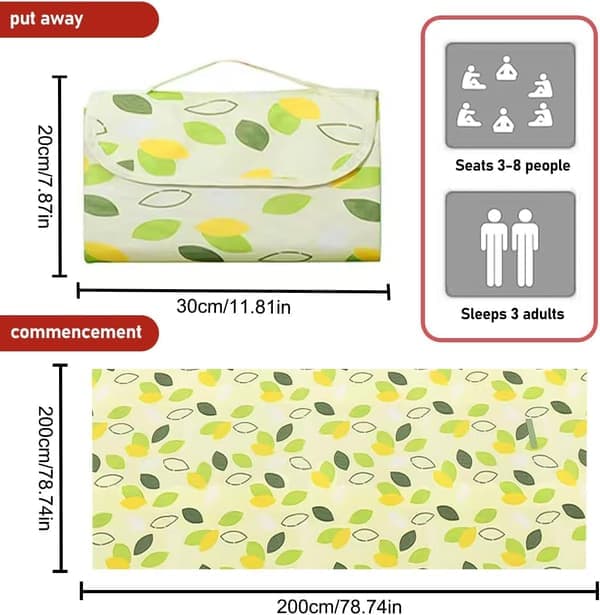 Picnicteppe 200x200, vanntett og sammenleggbar strandmatte med håndtak og bladmotiv.