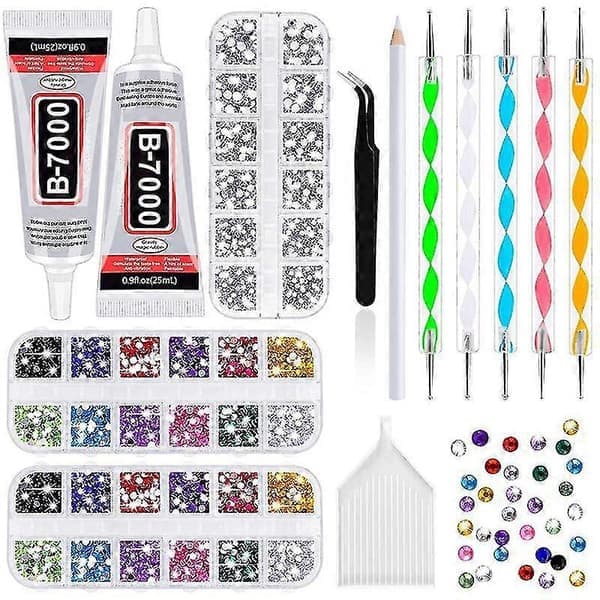 4000 rhinsten, 2 flasker med 25 ml rhinstenslim, 1 kunstkridt