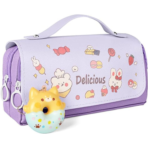 Stor kapasitet blyant penn pose multi rom kontor stasjonær sminkepose stress release blyantveske jenter gutter tenårings oppbevaringsorganisator gaver Purple Donut