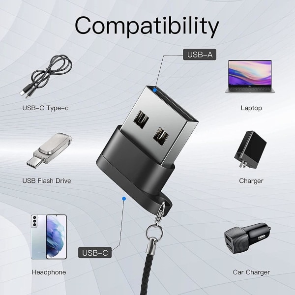 USB C till USB-adapter, USB-hane till USB C-hona, svart [2-pack], bärbar USB C stöder snabbladdning och dataöverföring