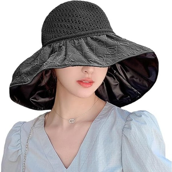 Dame Strand Solhat Bred Skygge Super Solbeskyttelse Solhat med Sort Gummi Solbeskyttelse UV Foldbar Justerbar Solhat Black