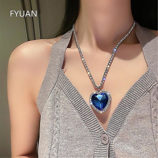 Blå hjerte krystal halskæde kvinders vedhæng lang kæde personlighed smykker