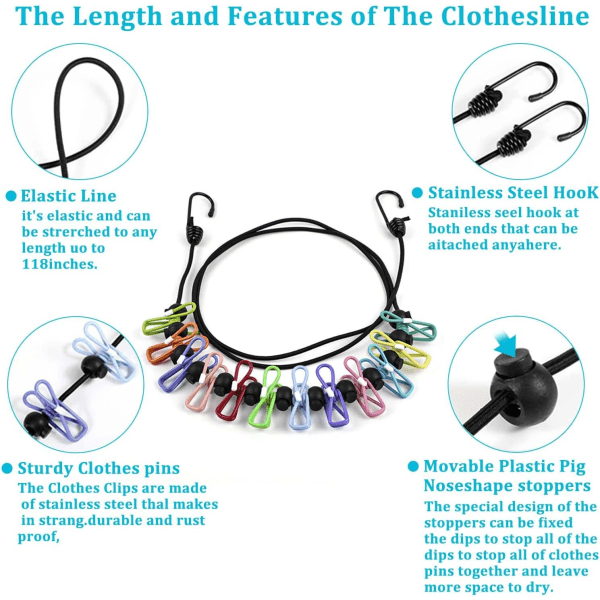 Retractable Portable Washing Lines, Retractable Clothesline for Travel, Clothing line with 12 Clothes Clips