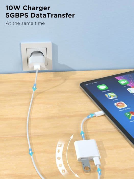 Lightning til USB OTG-kameraadapter for iPhone/iPad, USB 3.0 hann til USB-hunnkabel, med ladeport