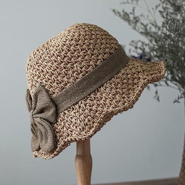 Kvinner Jenter Sløyfe Halm Floppy Hatter Anti-UV Solbeskyttelse Rull Opp Solhatter Fiske Reise Strandhatt Cap Topee Khaki