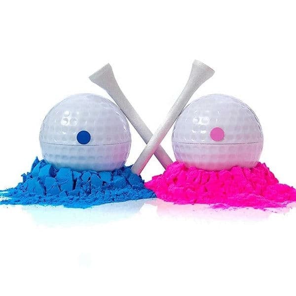 Golfboll för könsavslöjande, exploderande golfbollar, inkluderar 1 rosa + 1 blå + 2 träpinnar - den perfekta idén för ett könsavslöjande!