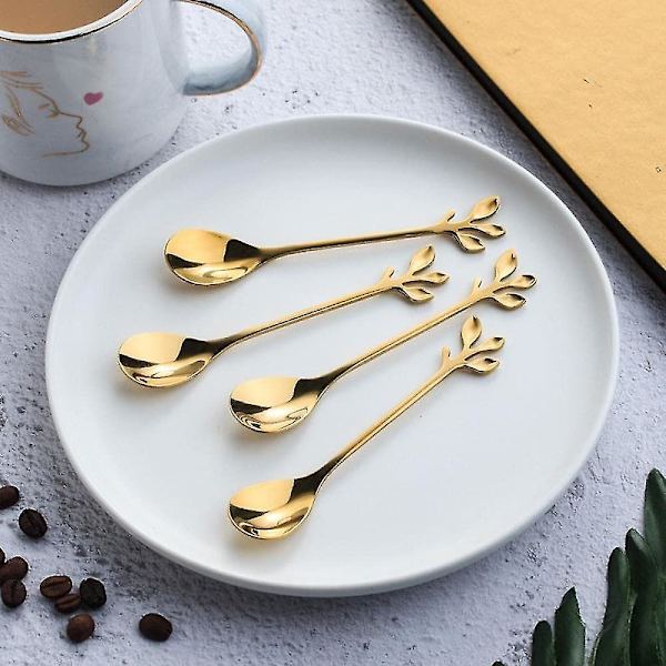 Små kaffeskeer søde guld blad form mini rustfrit stål espresso skeer til dessert teskeer omrøring blanding ske (gylden) (6stk)