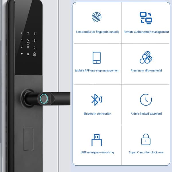 Smartlås med fjernstyring og overvåking, fingeravtrykksdørlås, biometrisk dørlås med flere opplåsingsmetoder, USB-nødstrøm