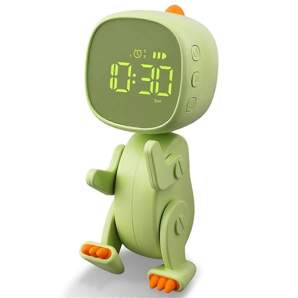 Digital väckarklocka för barn, tre alarm, dinosaurieväckarklocka med varierbar form, snooze, nattlampa med timer, grön