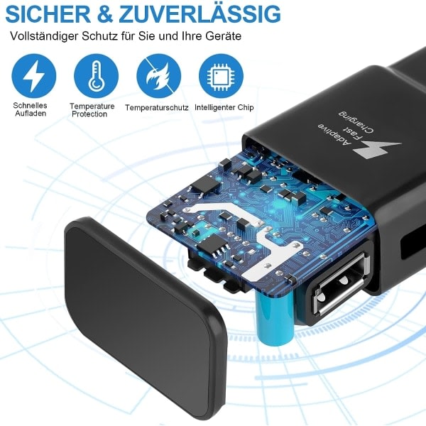 Svart kompatibel lader 2-paks hurtig USB-ladeadapter for Samsung S22/S21/S20/S10/S10E/S6/S7/S8/S9/Edge/Plus/Active/A72/A53 5G, Note 5 8, Note 9,