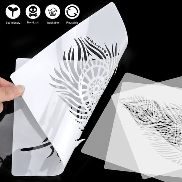 6 stk. Mandala Fjer Stencils til Maling på Træ (26x17,8 cm)