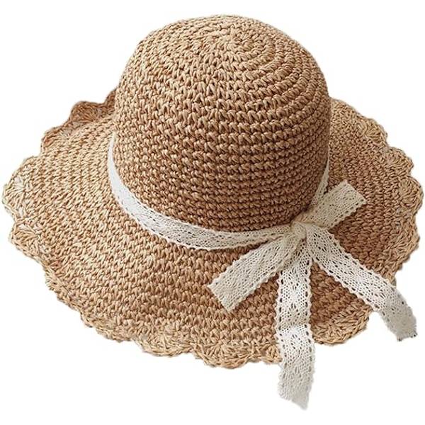 Kvinnor Barn Flickor Rosett Halm Solhattar Solskydd Rulla Upp Floppy Hat Fiske Semester Resa Strandhatt Coffee
